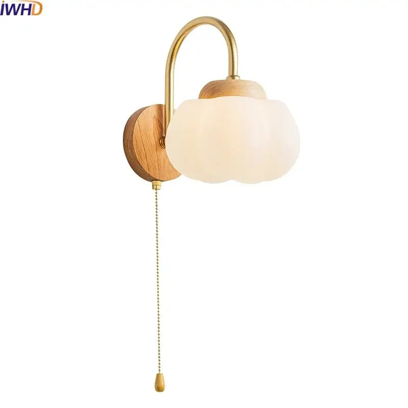 Decorbites cotton led wall lamp featuring a brass and wood cloud sconce with frosted glass shade for bedroom lighting