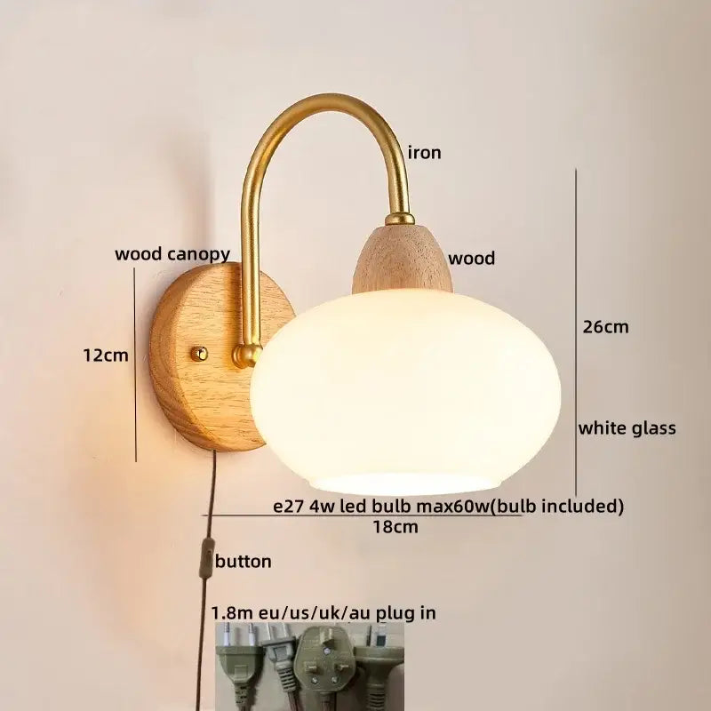 A warm-toned decorbites cotton led wall lamp with brass iron arm wooden canopy and oval white glass shade for bedroom