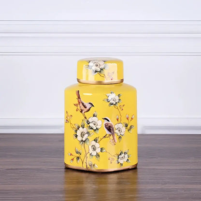 Bright yellow decorbites country ceramic tea canister with white floral bird motifs and gold trim for dining room decor