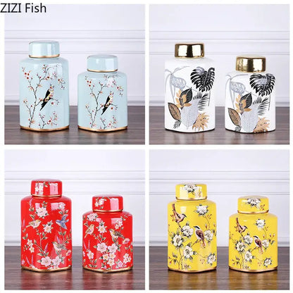 Set of four decorbites country ceramic decorative jars with gold-trimmed lids and vibrant floral bird motifs