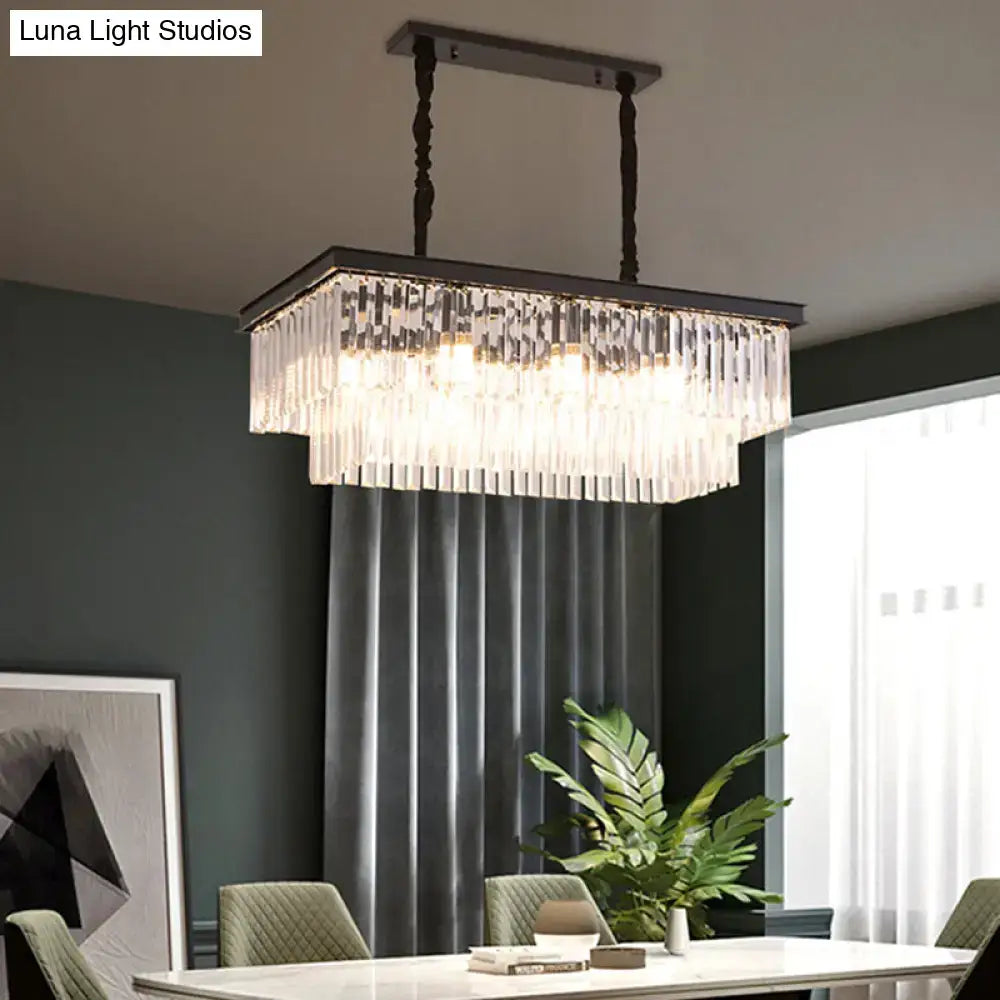 Rectangular crystal chandelier with dark metal frame and twisted chains for country dining room light kit use