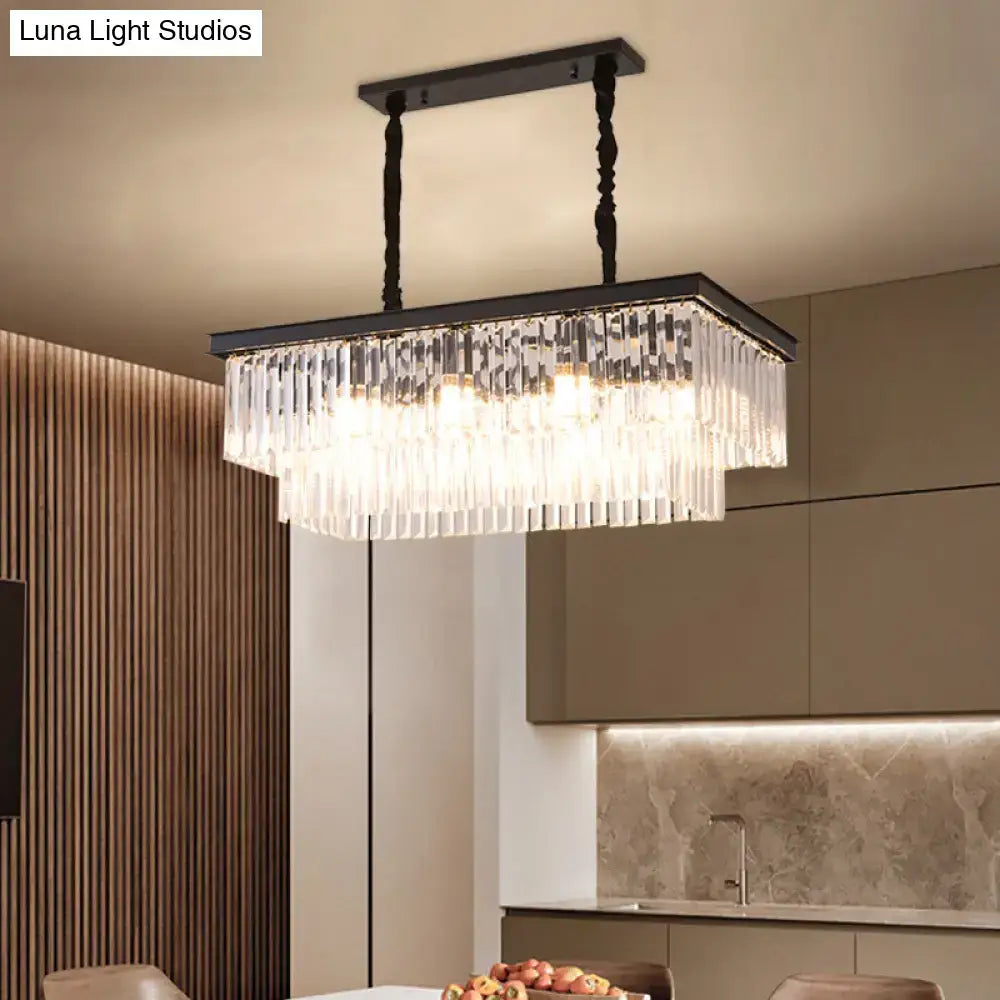 DecorBites™ country dining room island lamp with black frame and cascading clear crystal prisms light kit