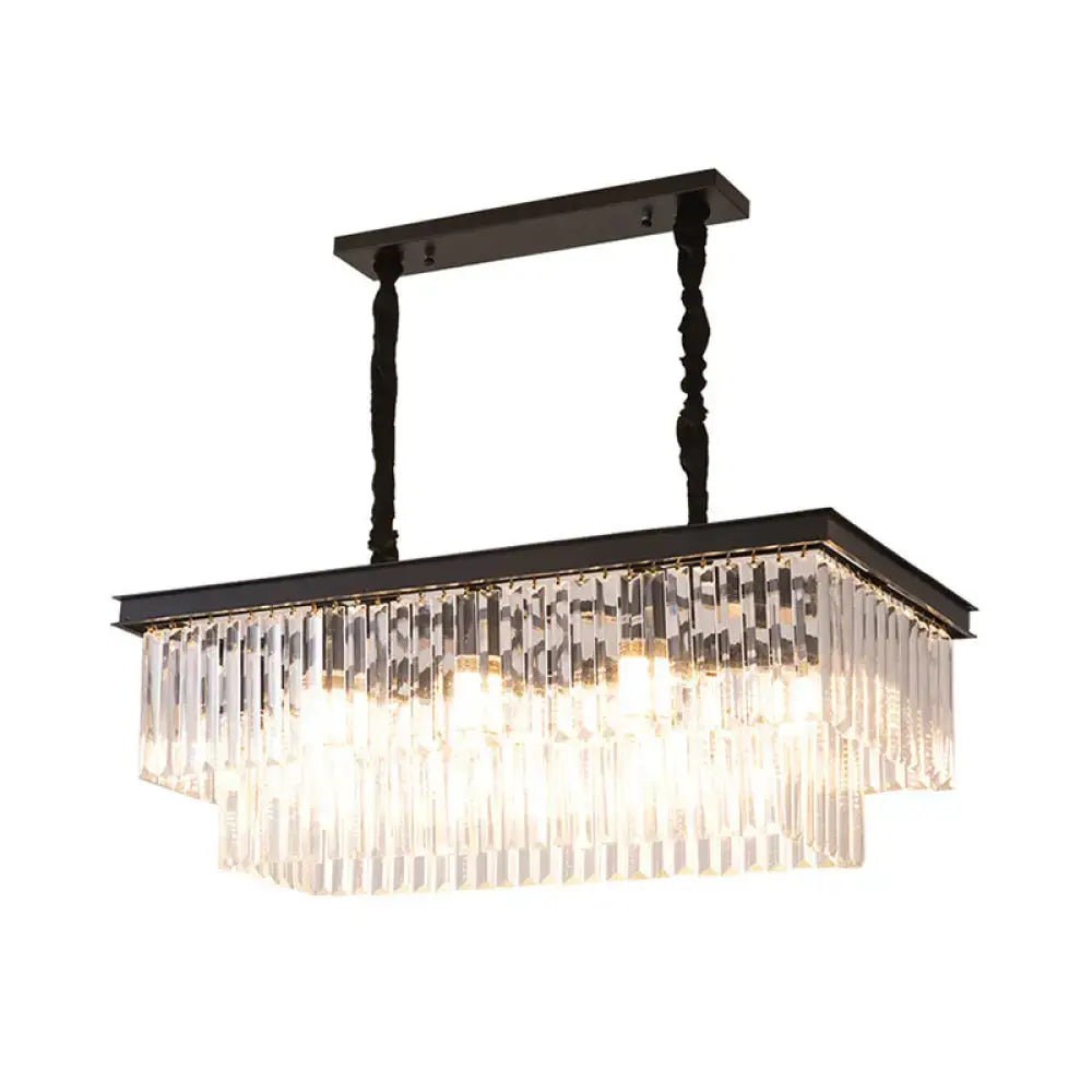 Decorbites country dining room light kit featuring black metal rectangular chandelier with cascading clear crystal prisms