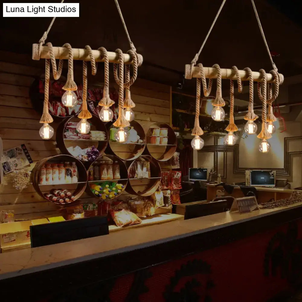 Decorbites™ country hemp rope pendant lighting with bamboo stick features six exposed bulbs and a brown finish