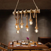 Rustic bamboo chandelier with exposed bulbs and thick beige country hemp rope in brown finish pendant lighting