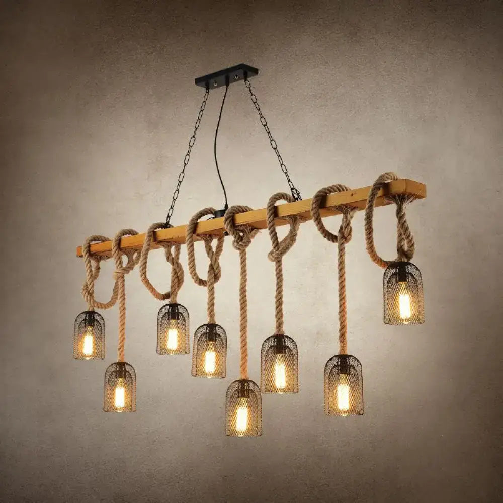 Decorbites countryside mesh pendant lamp with rustic wood beam beige rope knots and metal mesh shades hanging