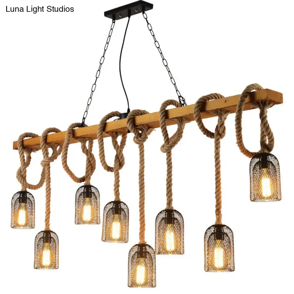 Rustic industrial pendant lamp with light wood beam, natural rope knots, and metal countryside mesh hanging shades
