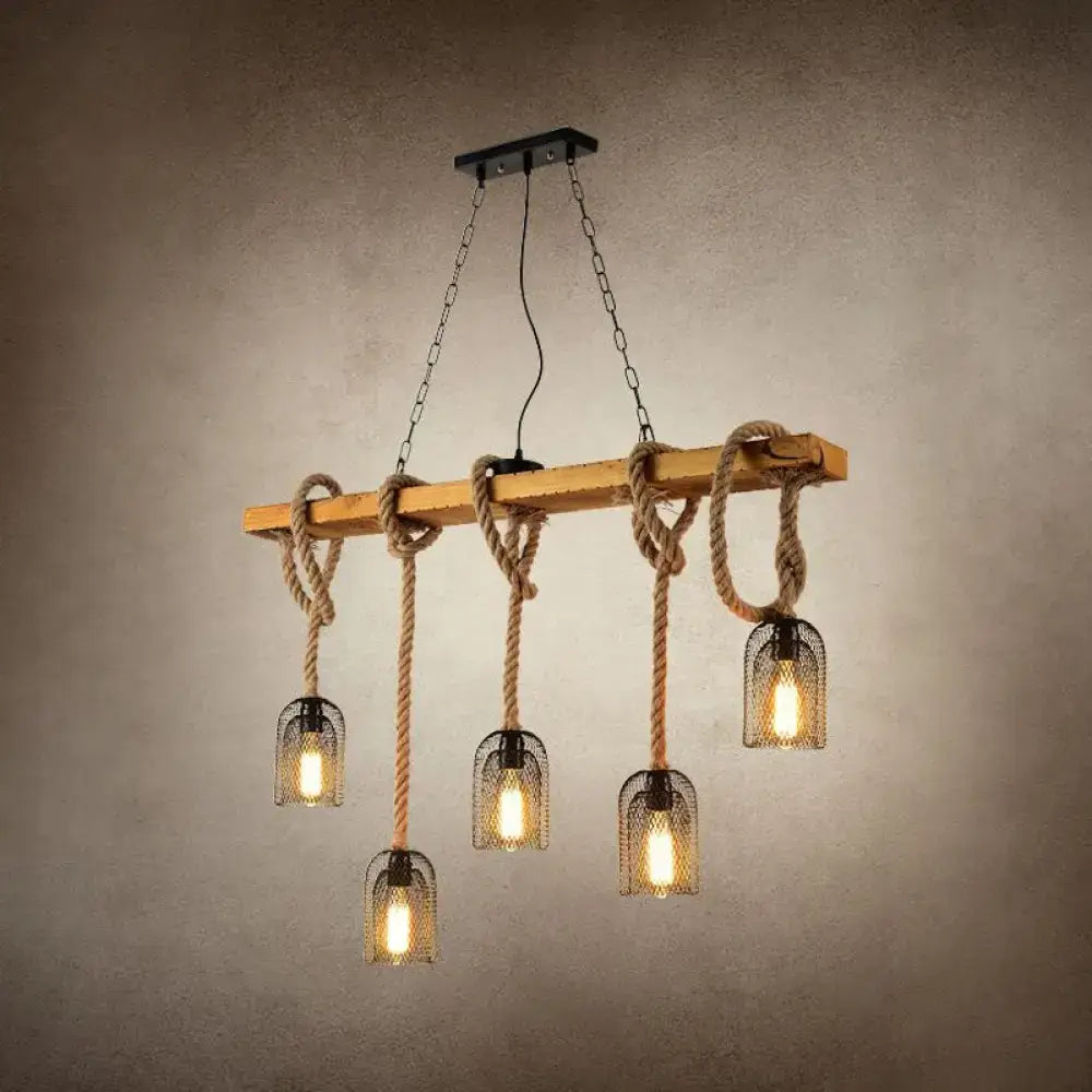 Rustic wooden beam pendant lamp with thick beige rope and black metal countryside mesh hanging cages holding warm bulbs