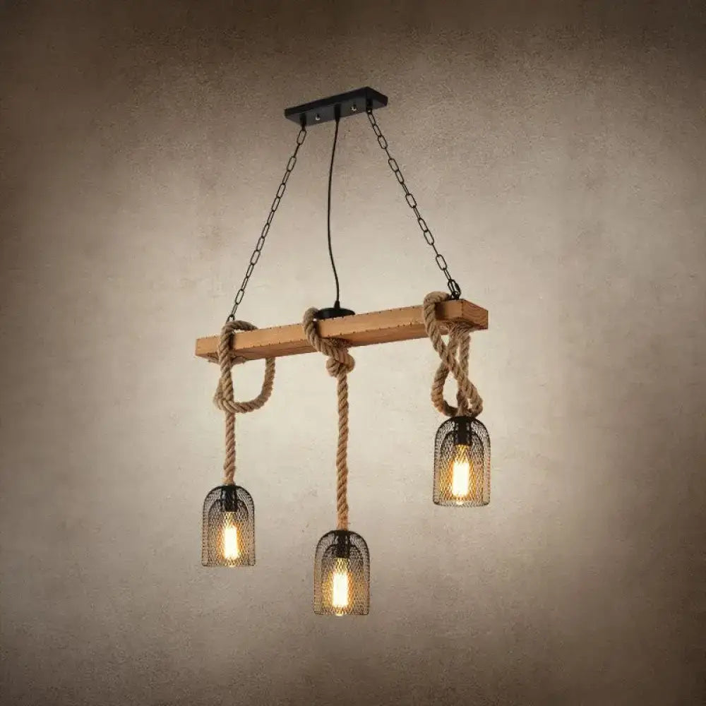 DecorBites™ countryside mesh pendant lamp with rustic wooden beam, thick rope suspension, and three metal lampshades
