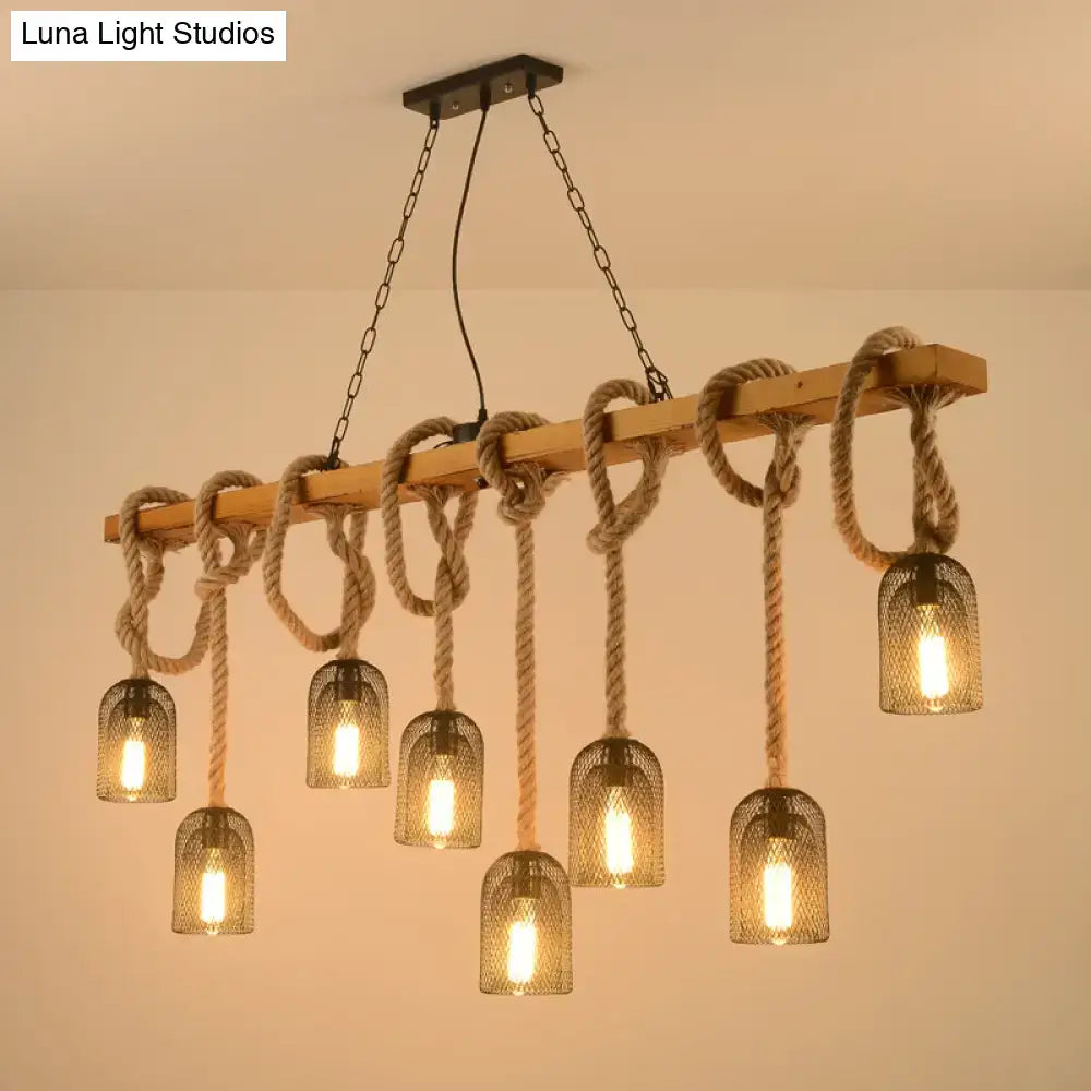 Decorbites countryside mesh pendant lamp features rustic wooden frame with beige rope knots and metal mesh lights
