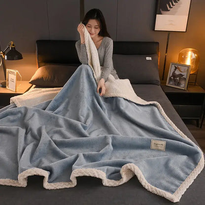 Decorbites cozy autumn gray and white plush blanket with soft blue fabric, white fleece border, and braided edge throw