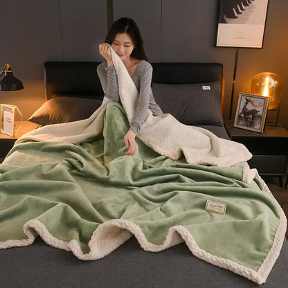 Decorbites cozy autumn gray and white plush blanket with soft mint green and cream two-sided braided edge throw