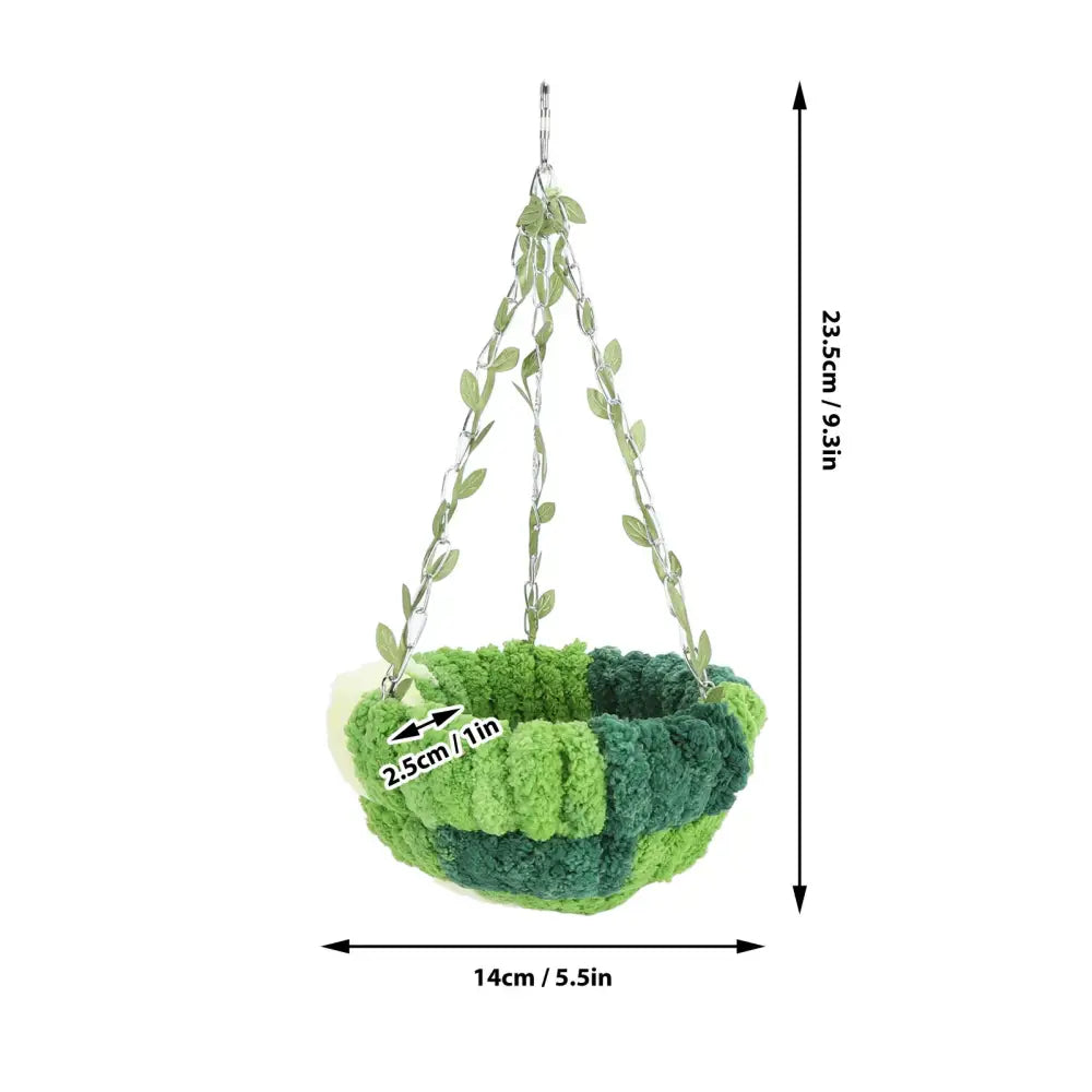 Green plush crocheted DecorBites parrot hammock bed with coral fleece and leaf-adorned metal hanging chains