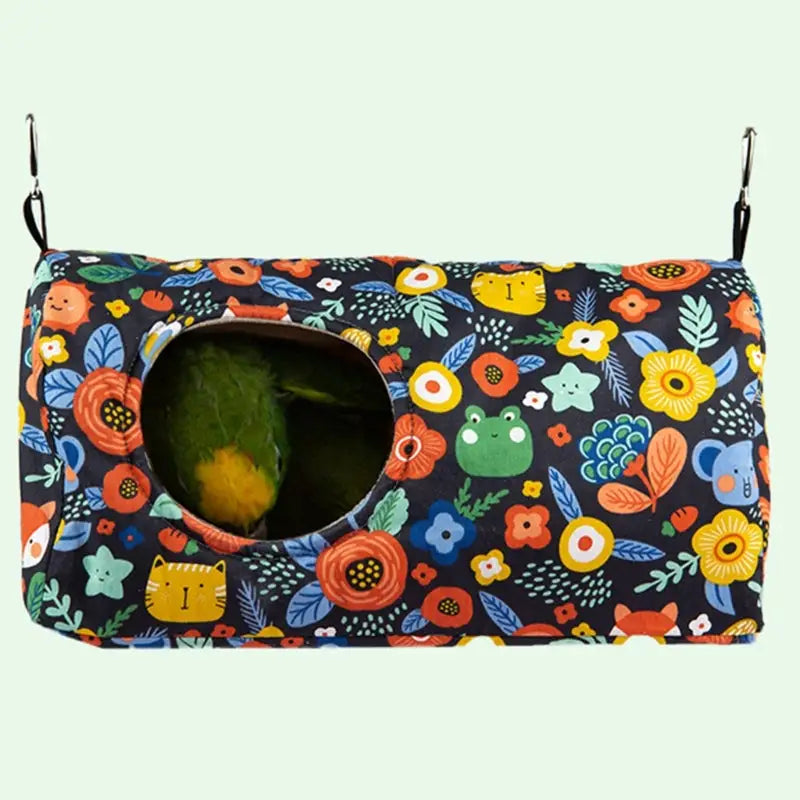 DecorBites™ cozy hanging hammock for small pets in dark blue with warm bird print featuring floral and animal designs
