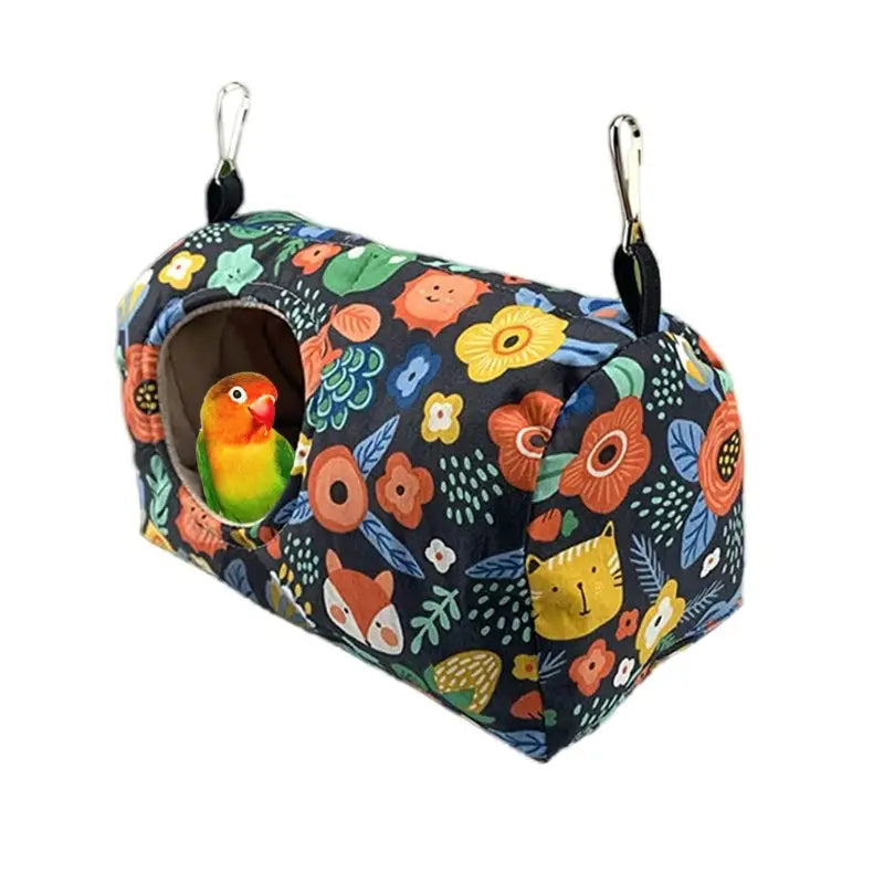 DecorBites cozy hanging hammock for small pets features a warm bird parrot nest hammock with floral and animal print fabric