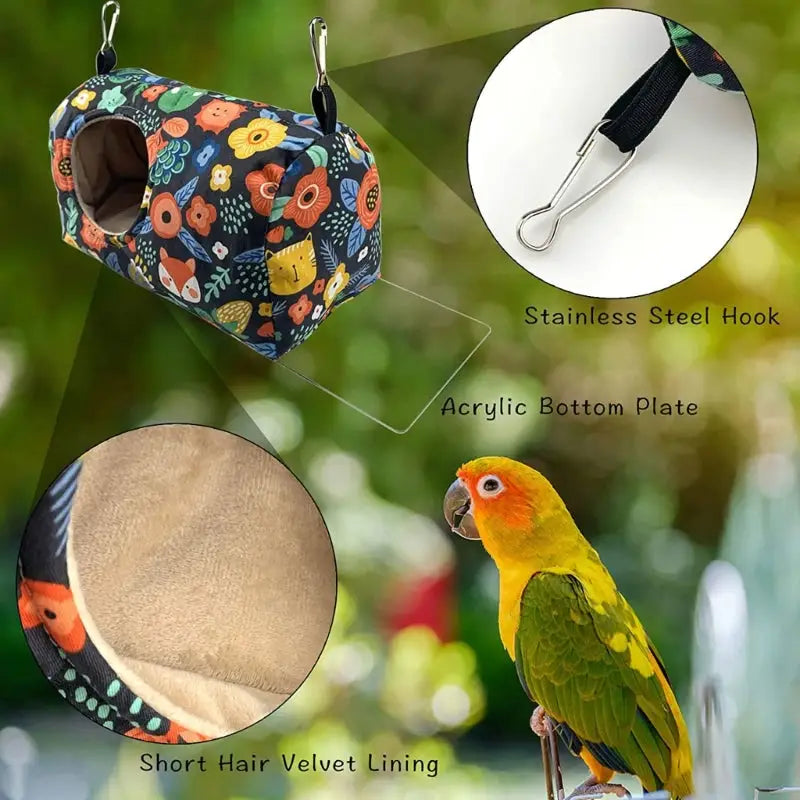 Decorbites cozy hanging hammock for small pets in floral pattern with velvet lining and stainless steel hook for warm bird use