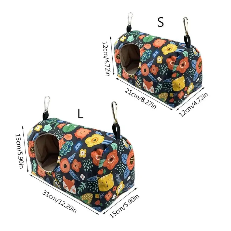 Decorbites™ cozy hanging hammock for small pets in navy blue floral pattern with cartoon cats for warm bird use