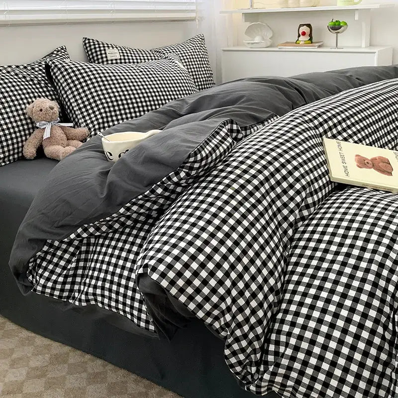 Decorbites™ cozy nordic plaid bedding set queen king size with black and white checkered 1pc duvet cover and soft plush texture