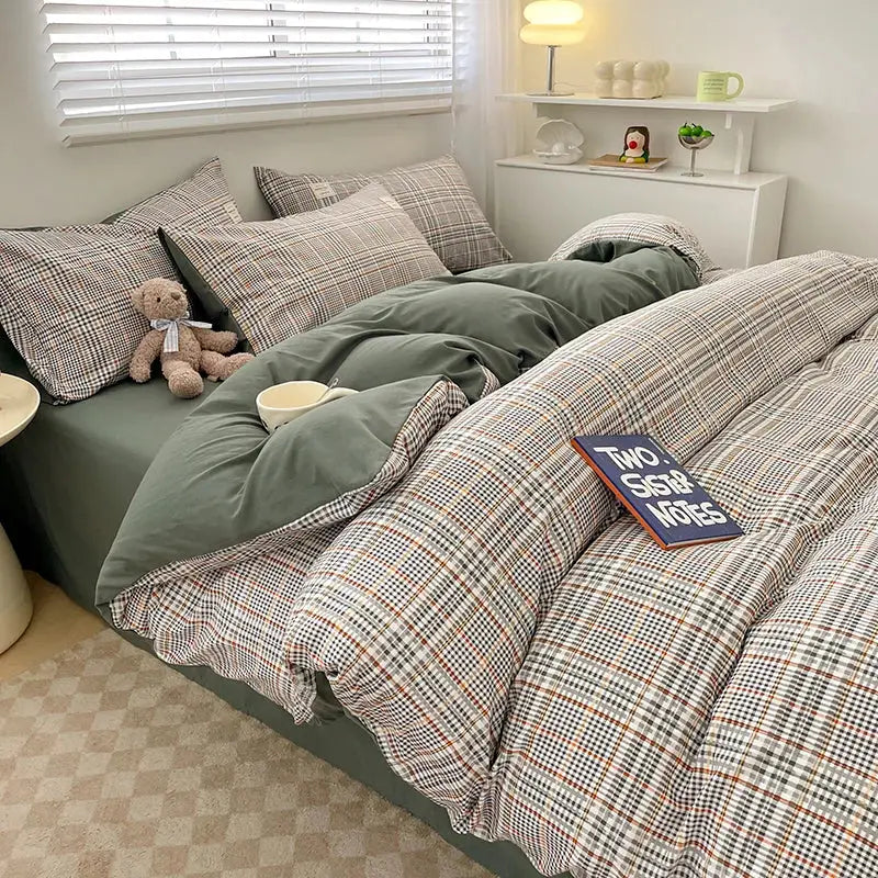 Decorbites cozy nordic plaid bedding set queen king size with muted green plaid 1pc duvet cover and 1pc flat sheet