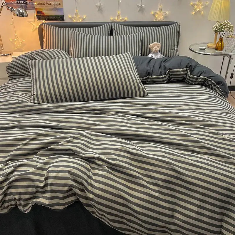 Gray and white nordic plaid bedding set with 1pc duvet cover and 1pc flat sheet in soft textured fabric finish