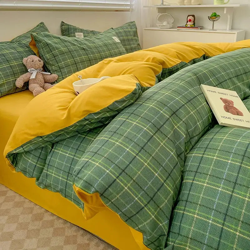 Green and yellow nordic plaid duvet set with 1pc duvet cover and 1pc flat sheet featuring a cozy layered look