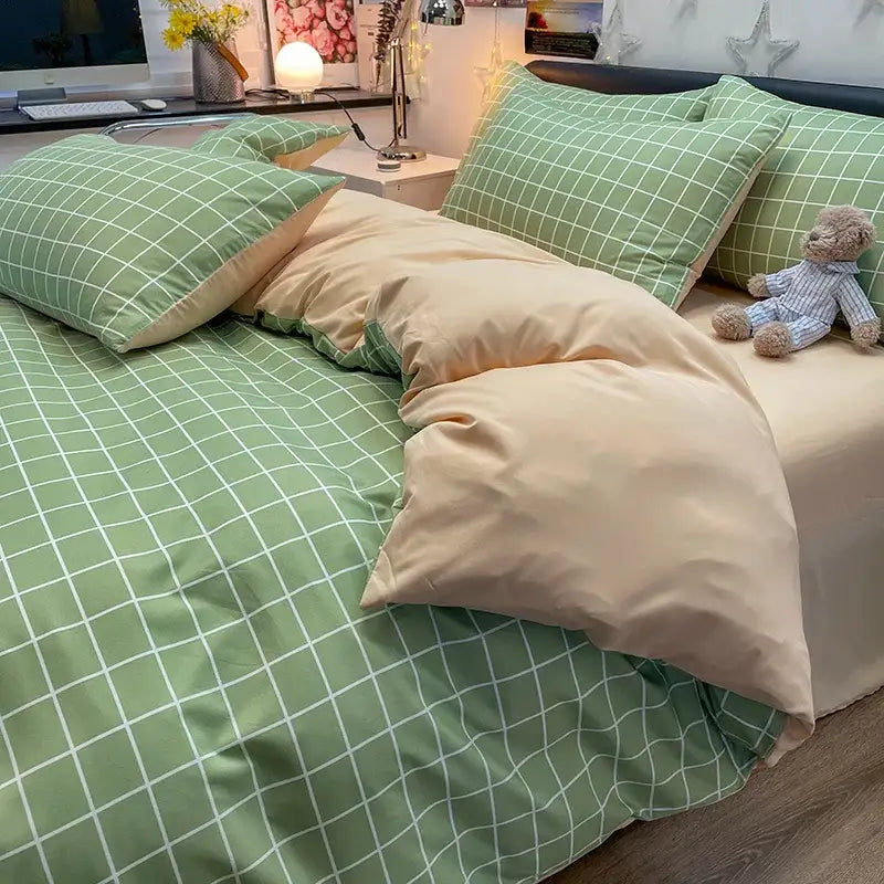 DecorBites cozy nordic plaid bedding set queen king size with green beige checkered 1pc duvet cover 1pc flat sheet