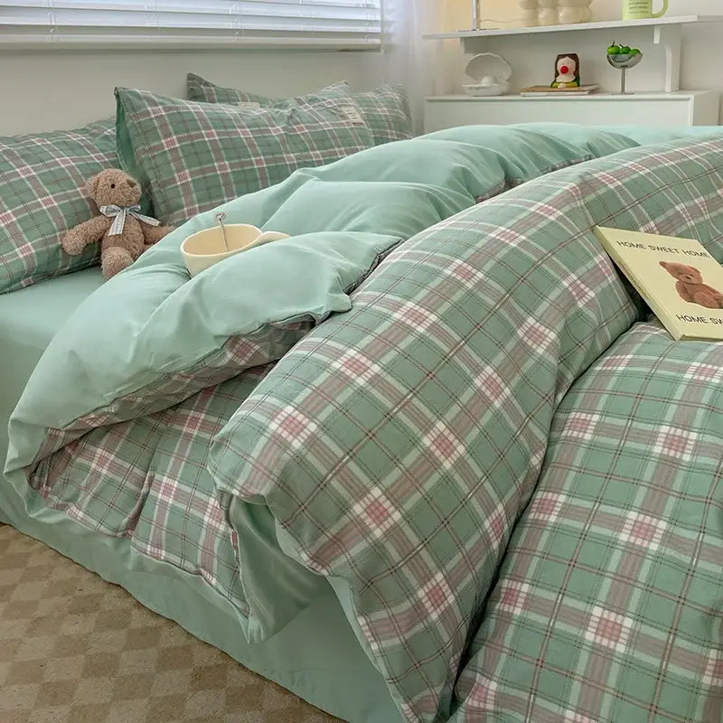 Decorbites™ cozy nordic plaid bedding set queen king size mint green pink 1pc duvet cover 1pc flat sheet cotton fabric