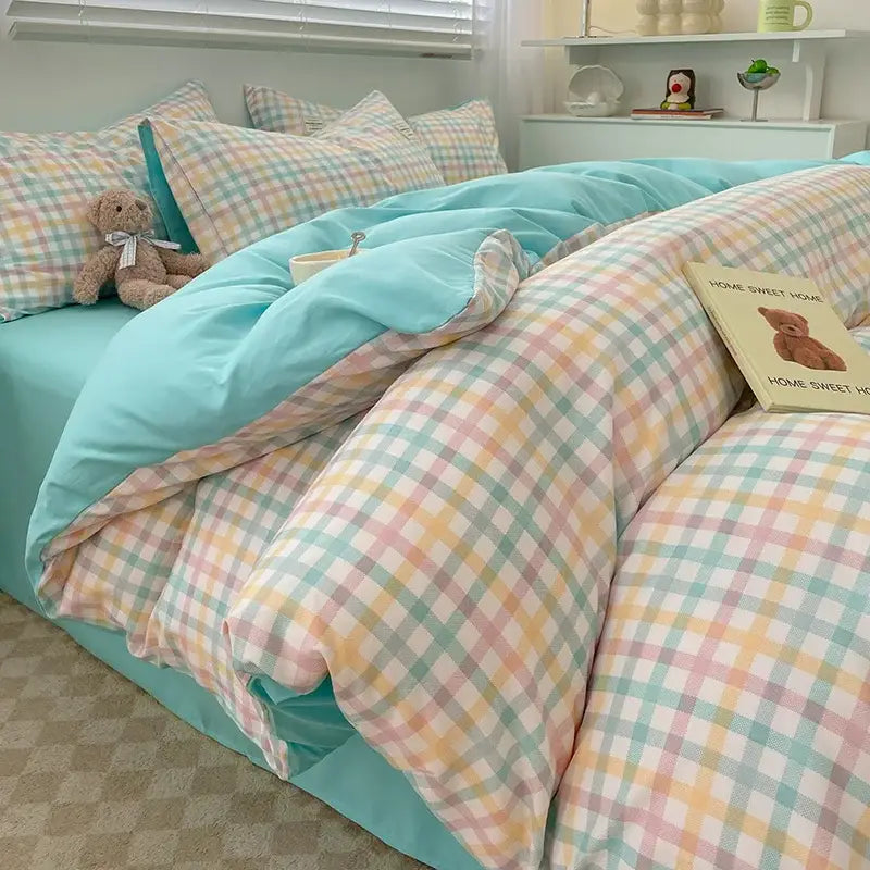 DecorBites™ cozy nordic plaid 1pc duvet cover with quilted pastel mint green and peach checkered design for queen king size