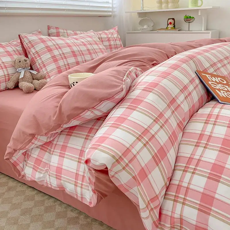 DecorBites cozy nordic plaid 1pc duvet cover and 1pc flat sheet set in pink and white plaid with soft cozy texture