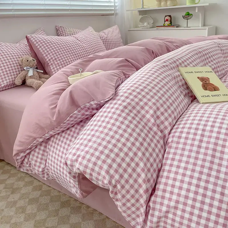 Decorbites™ cozy nordic plaid bedding set queen king size with pink white gingham 1pc duvet cover 1pc flat sheet plush texture
