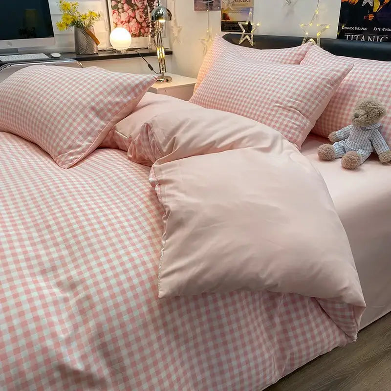 Pink and white gingham nordic plaid bedding set with soft satin-like fabric includes 1pc duvet cover and 1pc flat sheet