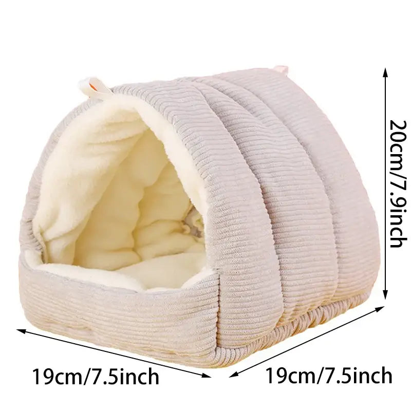 Beige corduroy decorbites™ cozy parrot cage hanging hut bed with soft cream fleece interior for bird cage parrot use