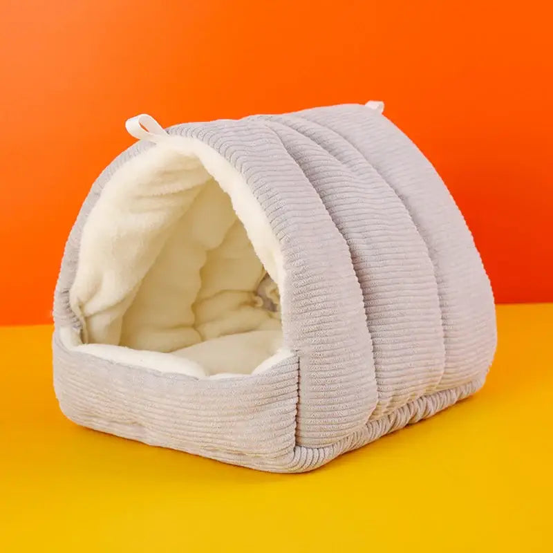 Decorbites cozy parrot cage hanging hut bed in gray corduroy with soft cream fleece interior for bird cage parrot use