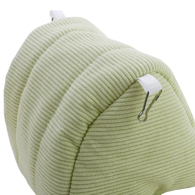 Light green corduroy cozy parrot cage hanging hut bed with white fabric loop and metal carabiner for bird cage parrot