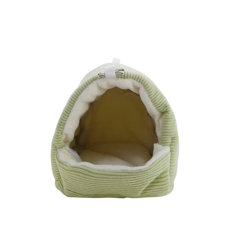 Decorbites cozy parrot cage hanging hut bed in light green corduroy with plush white lining and silver zipper closure