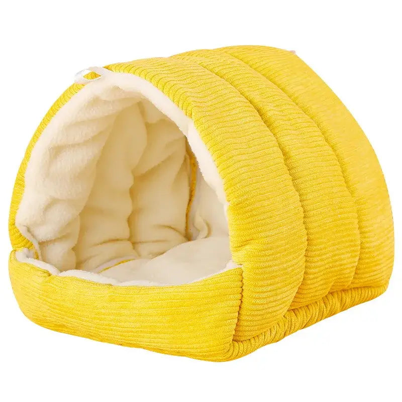 Yellow corduroy decorbites cozy parrot cage hanging hut bed with soft cream fleece interior for bird cage parrot use