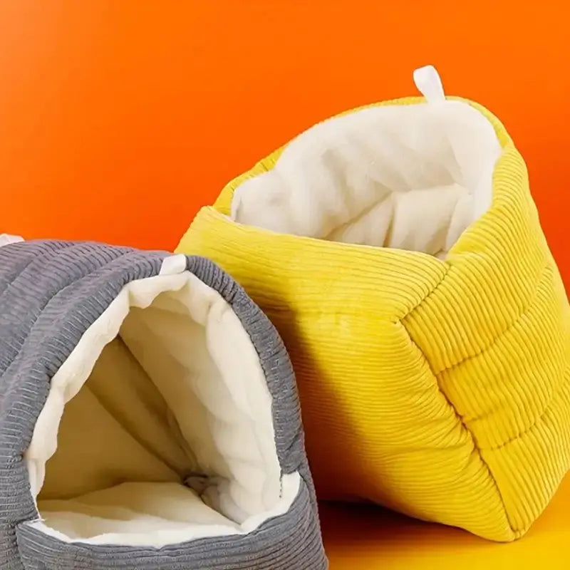 Yellow corduroy decorbites cozy parrot cage hanging hut bed with white plush interior for bird cage parrot comfort