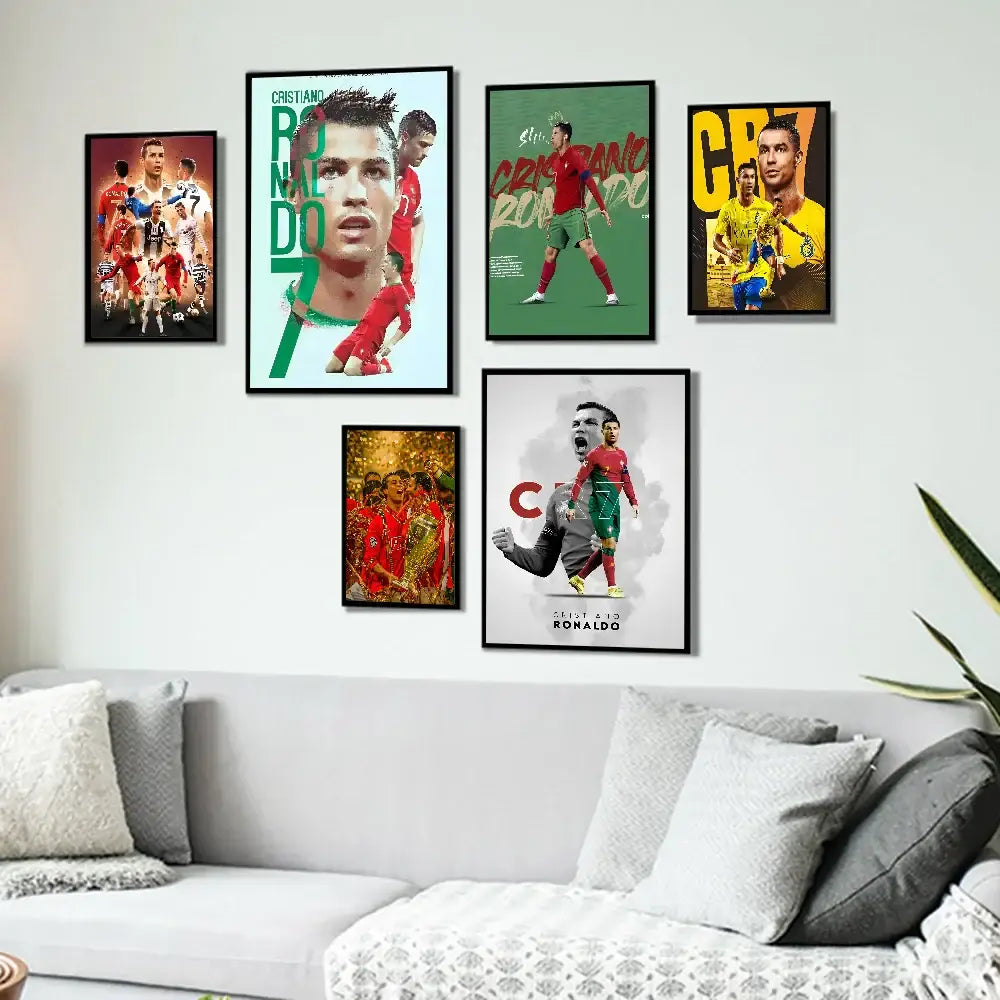 A collection of cristiano ronaldo cr7 self-adhesive art posters in various soccer designs for home decor above a gray sofa