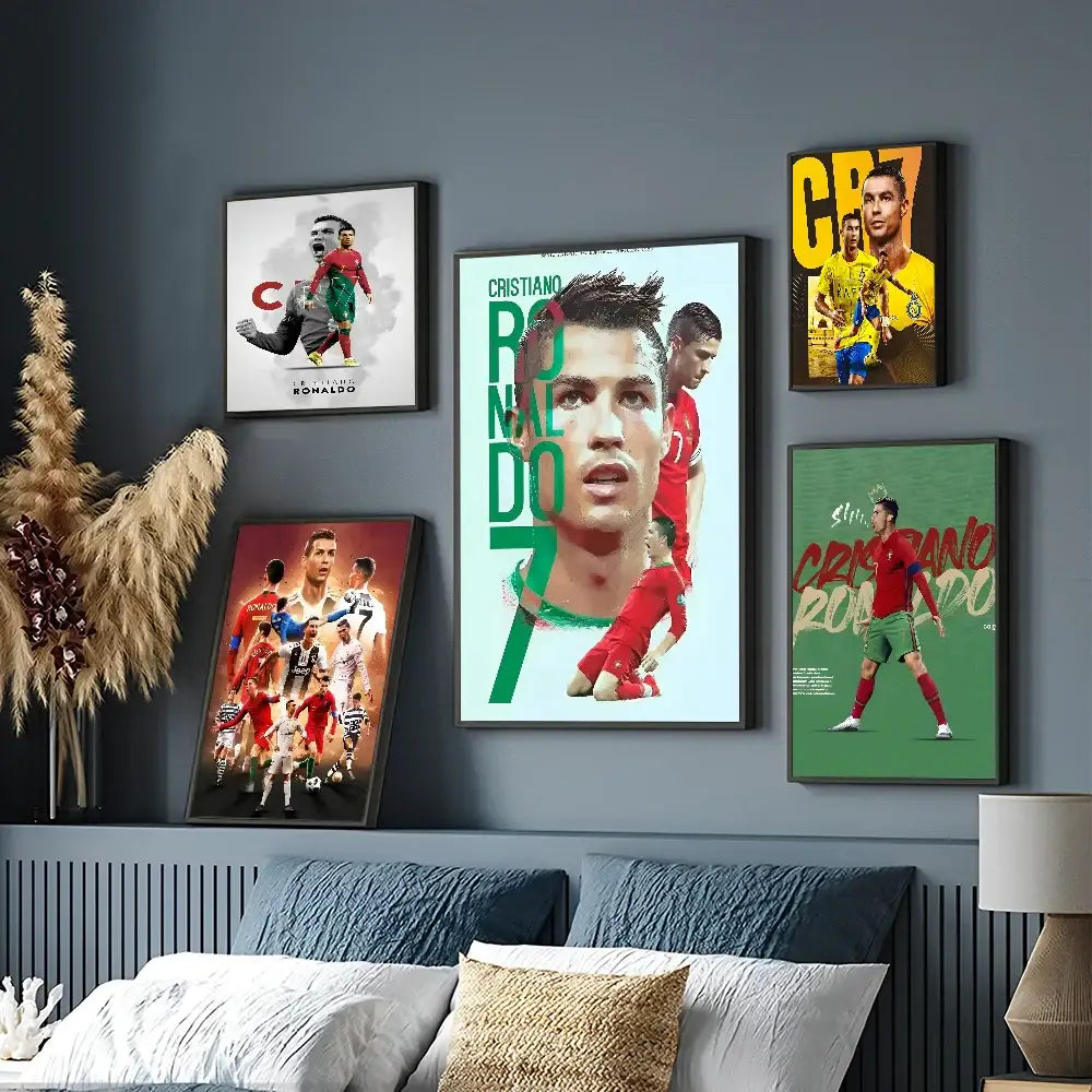 A framed DecorBites™ CR7 self-adhesive art poster featuring Cristiano Ronaldo in a red jersey for home decor