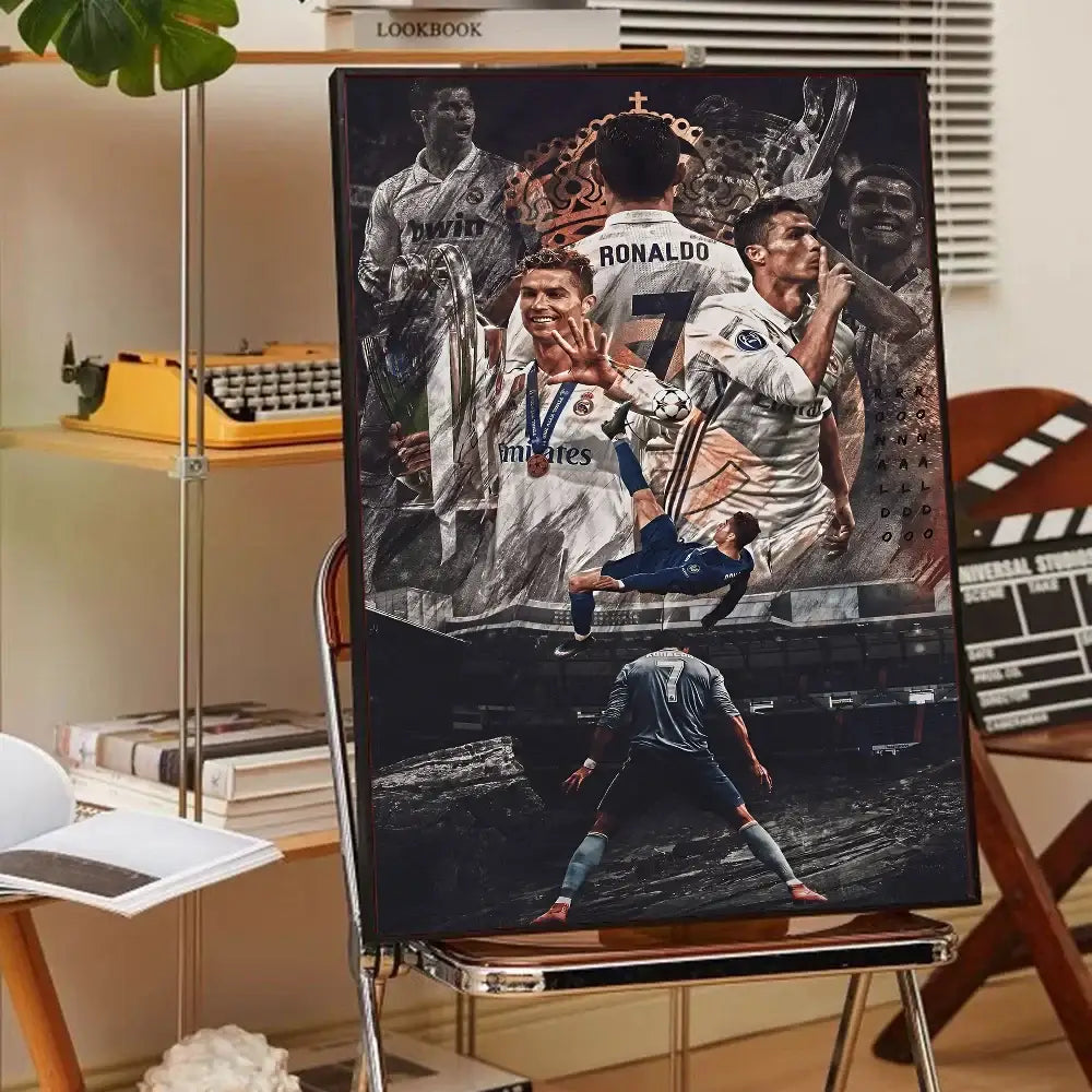 A framed decorbites™ cr7 self-adhesive art poster featuring cristiano ronaldo in a real madrid home decor collage