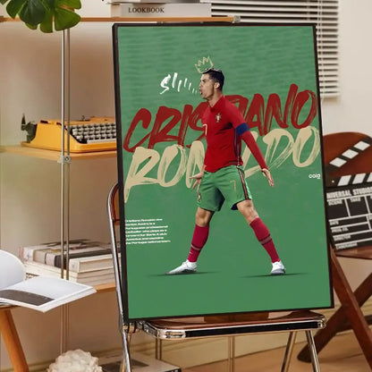 Green-framed cr7 self-adhesive art poster featuring cristiano ronaldo in portugal jersey for home decor