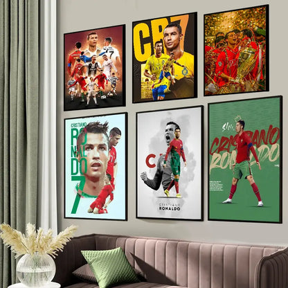 Set of six framed cristiano ronaldo cr7 self-adhesive art posters with vibrant colors for home decor wall display