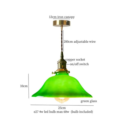 Green glass pendant light with brass iron canopy and copper socket complementing decorbites cream glass led pendant light