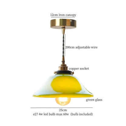 Decorbites cream glass led pendant light with brass iron canopy, adjustable copper wire, and green glass shade for kitchen