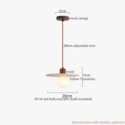 Decorbites cream glass led pendant light with wood ears and yellow travertine shade for bedroom lighting