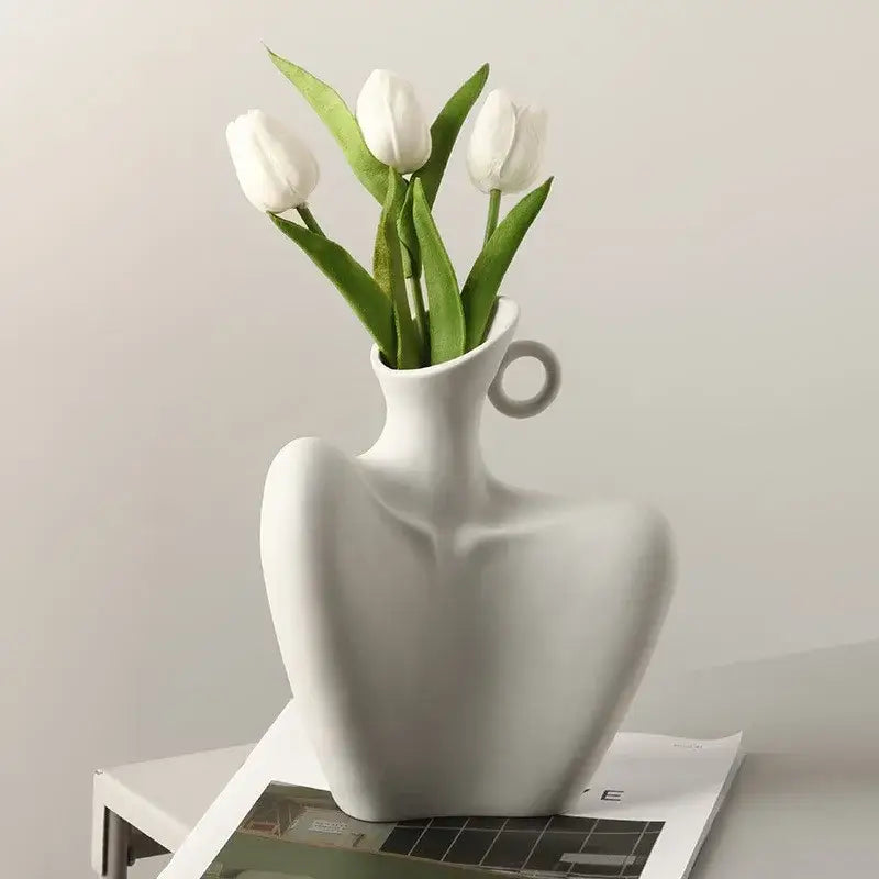 White ceramic human vase with integrated handle by DecorBites™ for stylish home decor and creative display