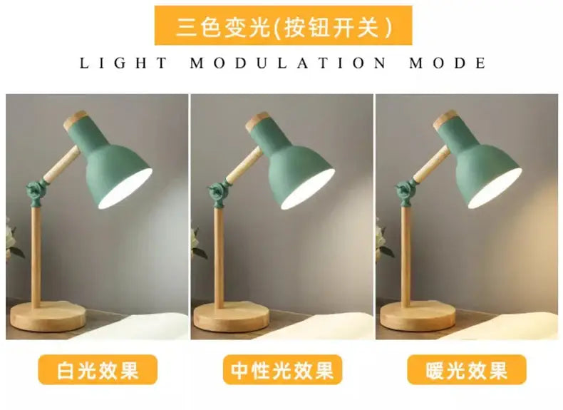 A mint green creative nordic table lamp with wooden base and arm featuring adjustable lighting modes for reading