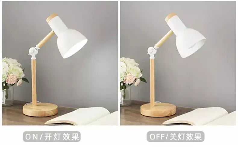 A minimalist nordic table lamp wooden with white ceramic shade and light wood-finished metal arm for bedside use