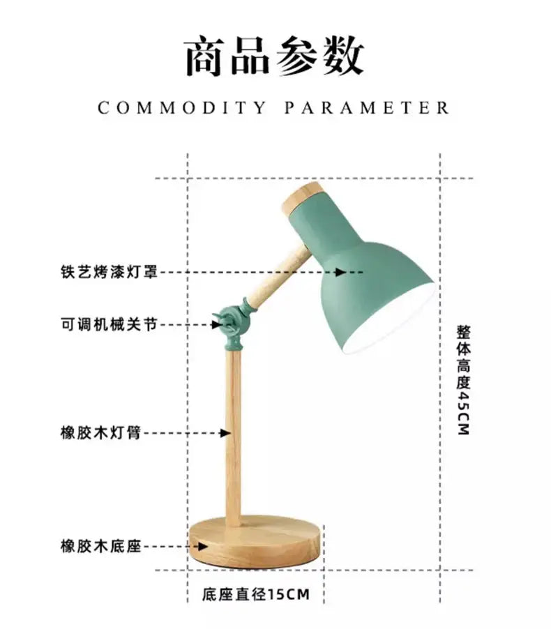 Minimalist creative nordic table lamp with matte teal metal shade and wooden arm for flexible bedside or desk lighting