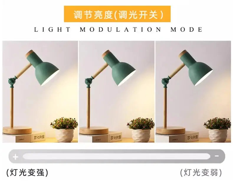 A creative nordic table lamp with a matte green metal shade and wooden arm designed for bedside and study use